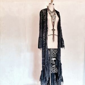Vintage 316 antique tablecloth lace western crochet jacket duster cardigan Mediu